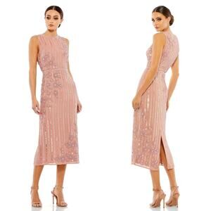 Mac Duggal 70260 Dress Floral Beadwork Sleeveless Midi Sheath Rose Pink NWT 10